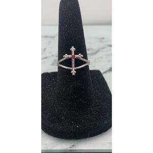 Vintage Sarah Coventry “Charity” Silver Tone Pink Rhinestone Cross Ring Adj. 6